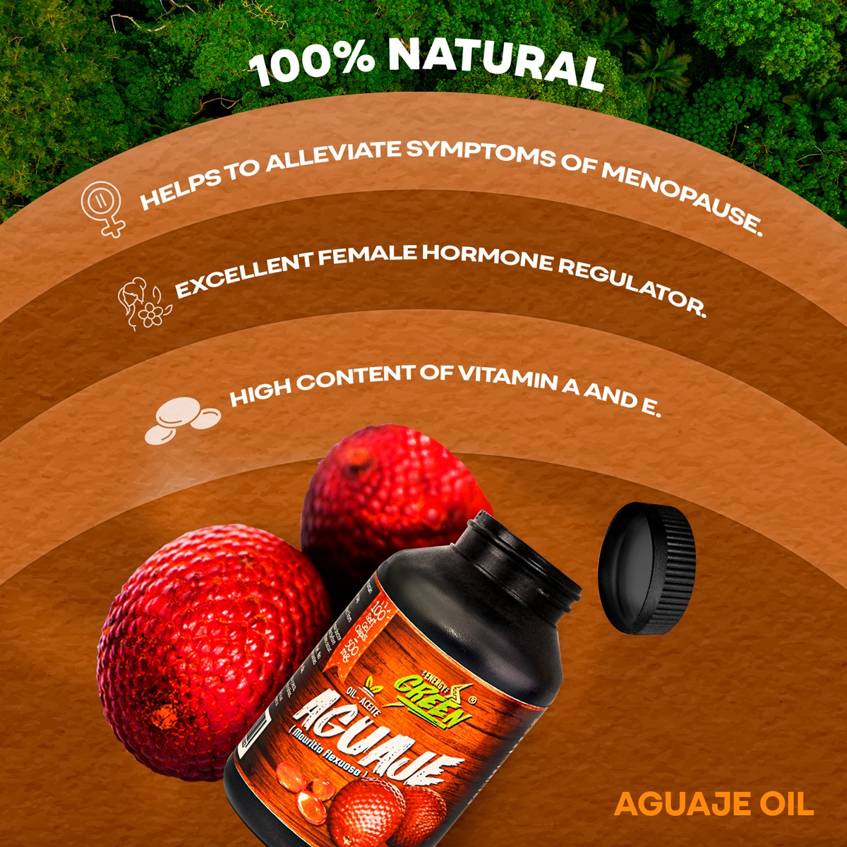 100% Natural — Aguaje Energy Green ayuda a aliviar síntomas de menopausia, excelente regulador hormonal femenino, alto contenido de vitamina A y E