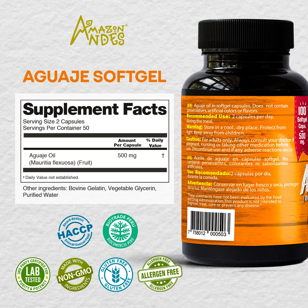 Aguaje Softgel — Supplement Facts oficial con certificaciones HACCP, BIOTRADE PERÚ, LAB TESTED, NON-GMO, GLUTEN FREE, ALLERGEN FREE